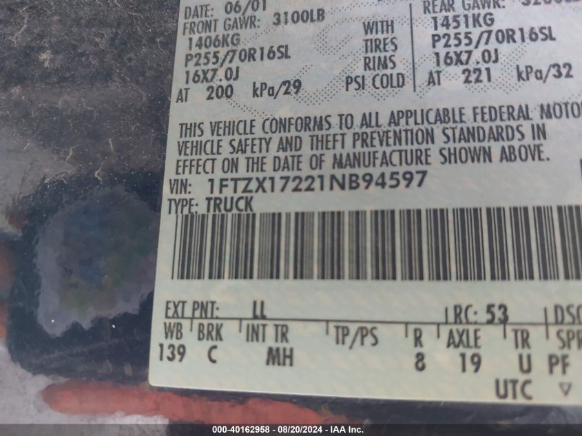2001 Ford F-150 Xl/Xlt VIN: 1FTZX17221NB94597 Lot: 40162958