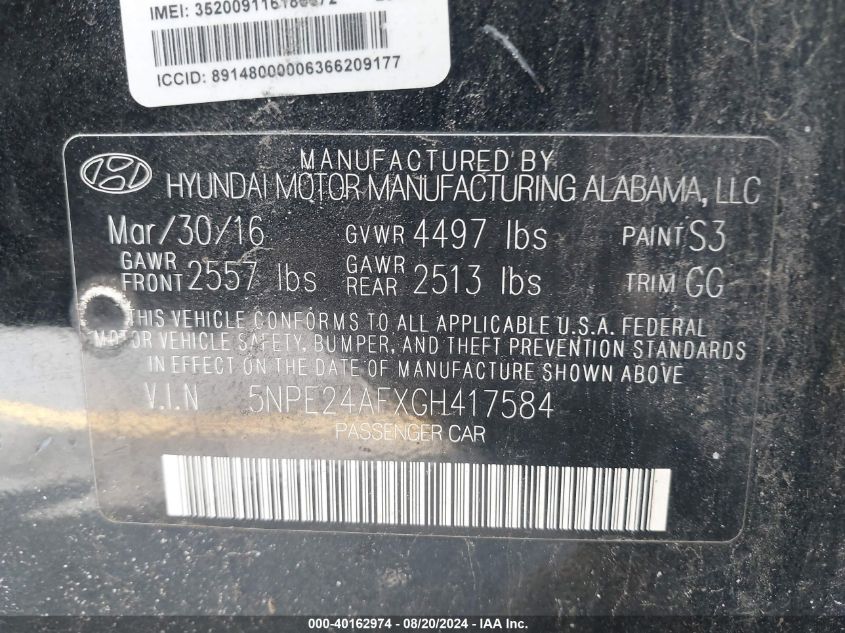 2016 Hyundai Sonata VIN: 5NPE24AFXGH417584 Lot: 40162974