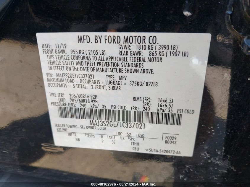 2020 Ford Ecosport Se VIN: MAJ3S2GE7LC337021 Lot: 40162976