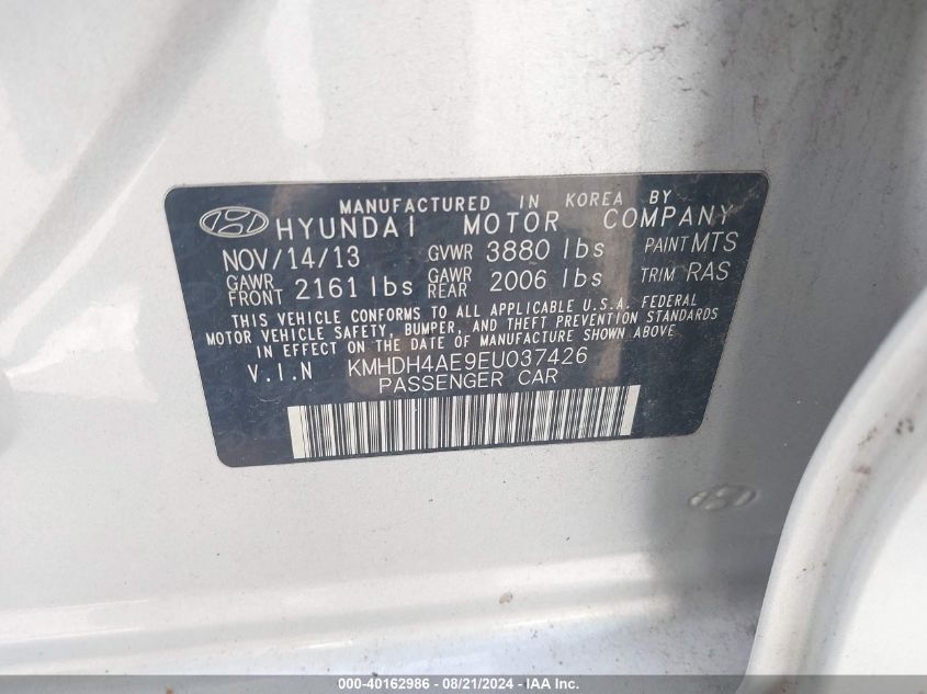 2014 Hyundai Elantra Se VIN: KMHDH4AE9EU037426 Lot: 40162986