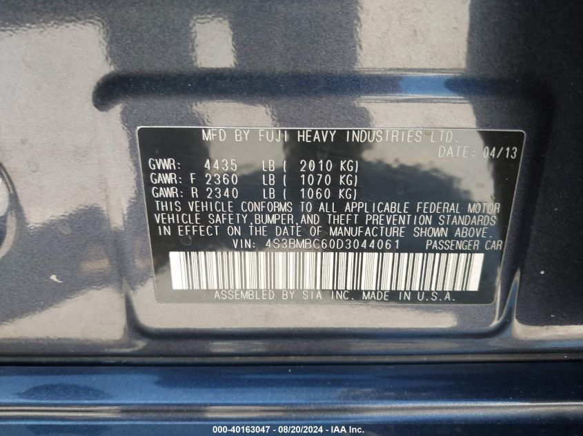 2013 Subaru Legacy 2.5I Premium VIN: 4S3BMBC60D3044061 Lot: 40163047