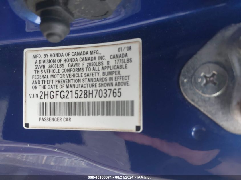 2008 Honda Civic Si VIN: 2HGFG21528H703765 Lot: 40163071