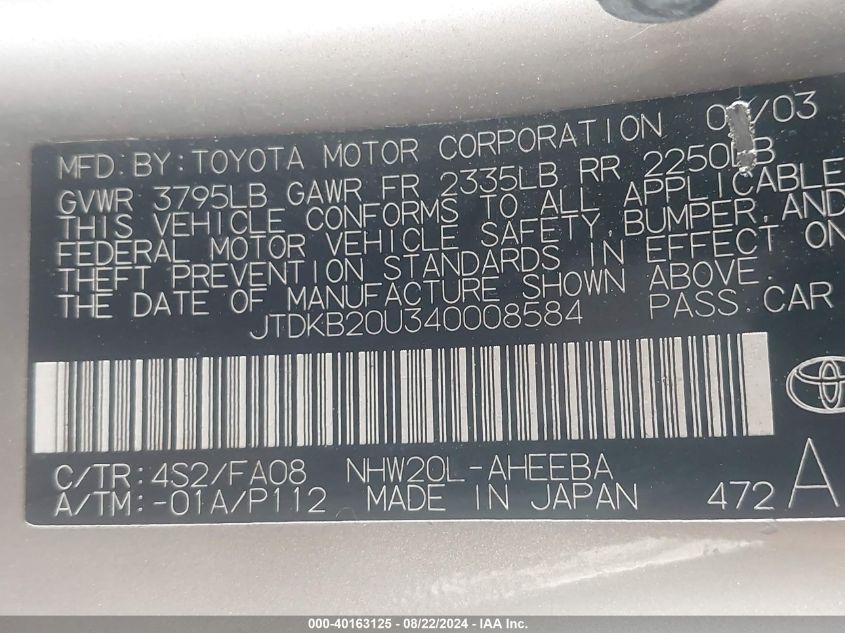 2004 Toyota Prius VIN: JTDKB20U340008584 Lot: 40163125