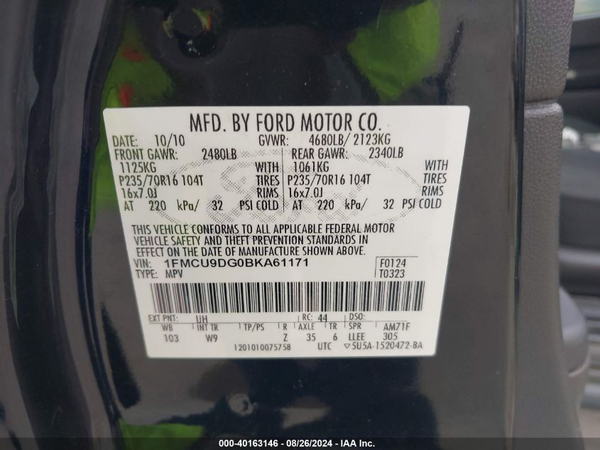 2011 Ford Escape Xlt VIN: 1FMCU9DG0BKA61171 Lot: 40163146