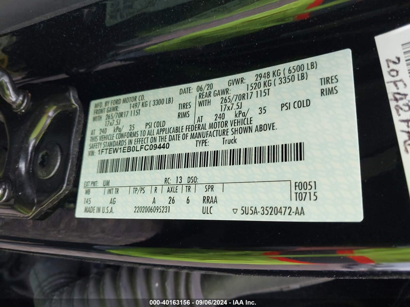 VIN 1FTEW1EB0LFC09440 2020 FORD F-150 XL