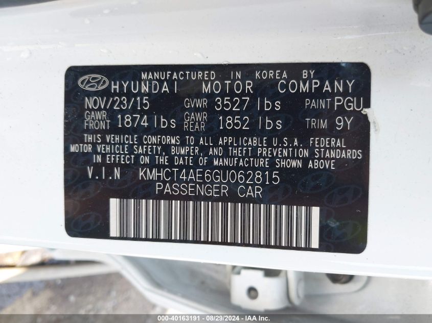 2016 Hyundai Accent Se VIN: KMHCT4AE6GU062815 Lot: 40163191