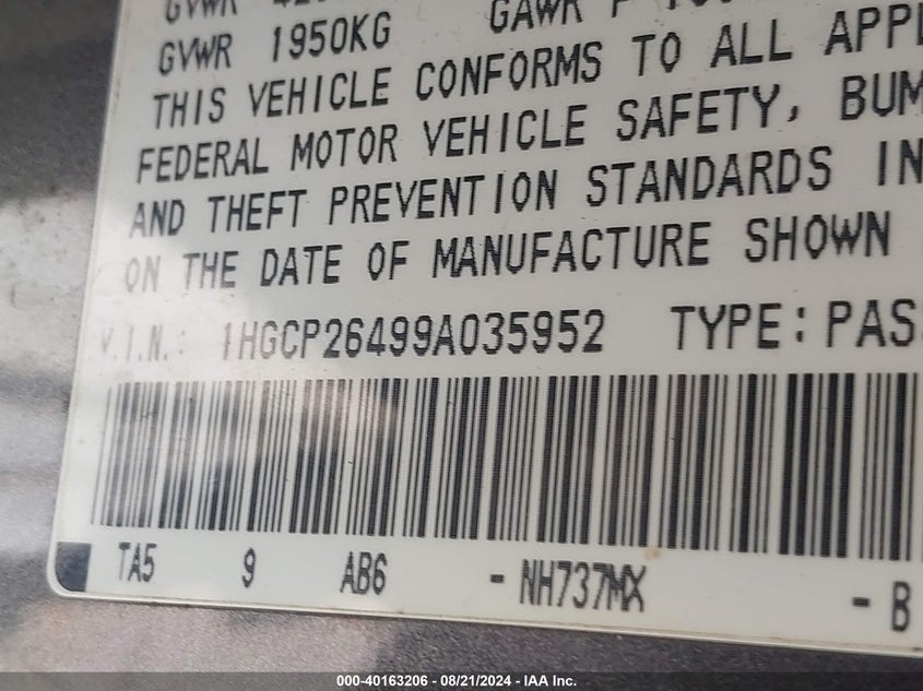 2009 Honda Accord 2.4 Lx-P VIN: 1HGCP26499A035952 Lot: 40163206