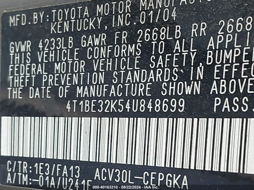 4T1BE32K54U848699 2004 Toyota Camry Xle