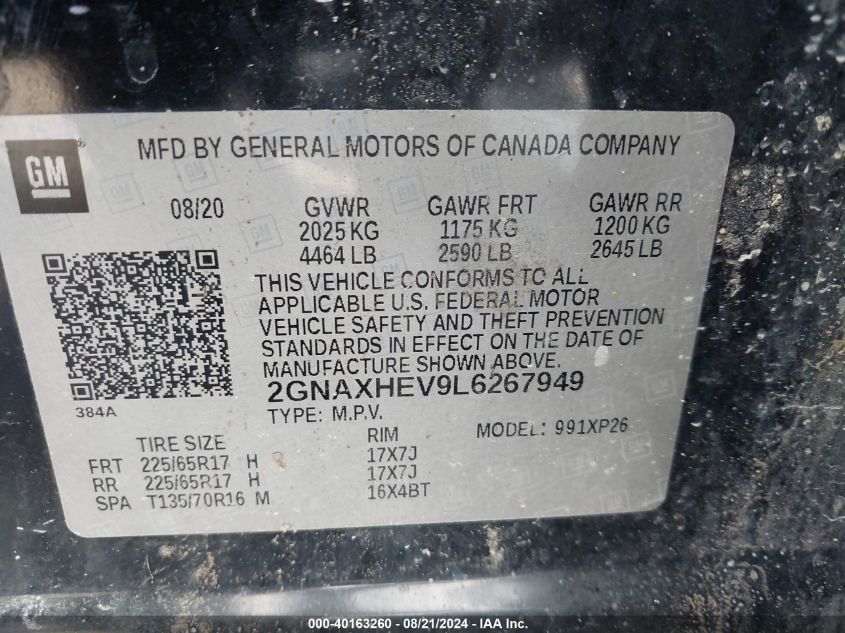 2020 Chevrolet Equinox Fwd Ls VIN: 2GNAXHEV9L6267949 Lot: 40163260