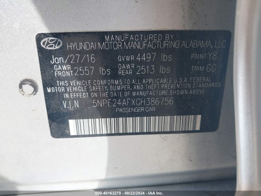 2016 HYUNDAI SONATA - 5NPE24AFXGH386756