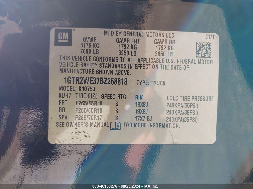 2011 GMC Sierra 1500 Slt VIN: 1GTR2WE37BZ258618 Lot: 40163276