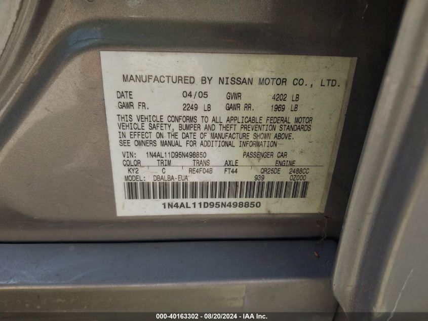 2005 Nissan Altima 2.5 S VIN: 1N4AL11D95N498850 Lot: 40163302