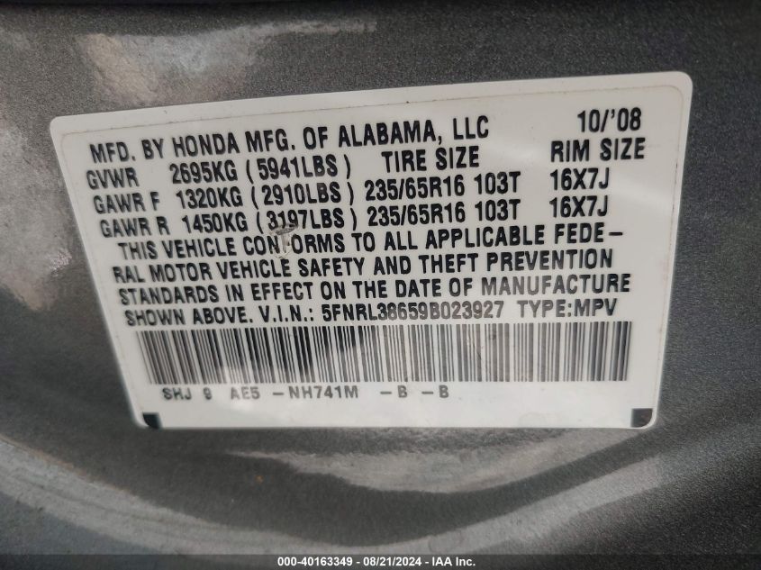 2009 Honda Odyssey Ex-L VIN: 5FNRL38659B023927 Lot: 40163349