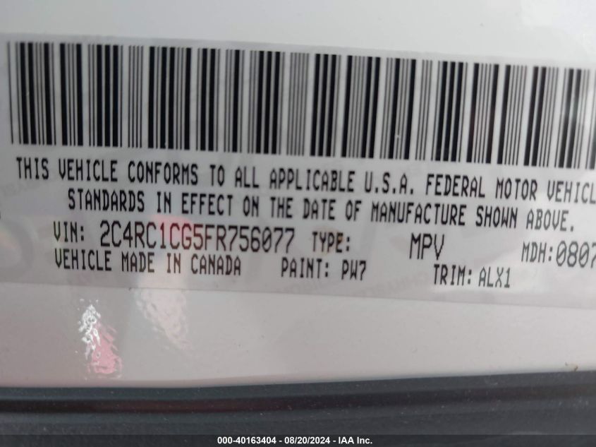 2015 Chrysler Town & Country Touring-L VIN: 2C4RC1CG5FR756077 Lot: 40163404