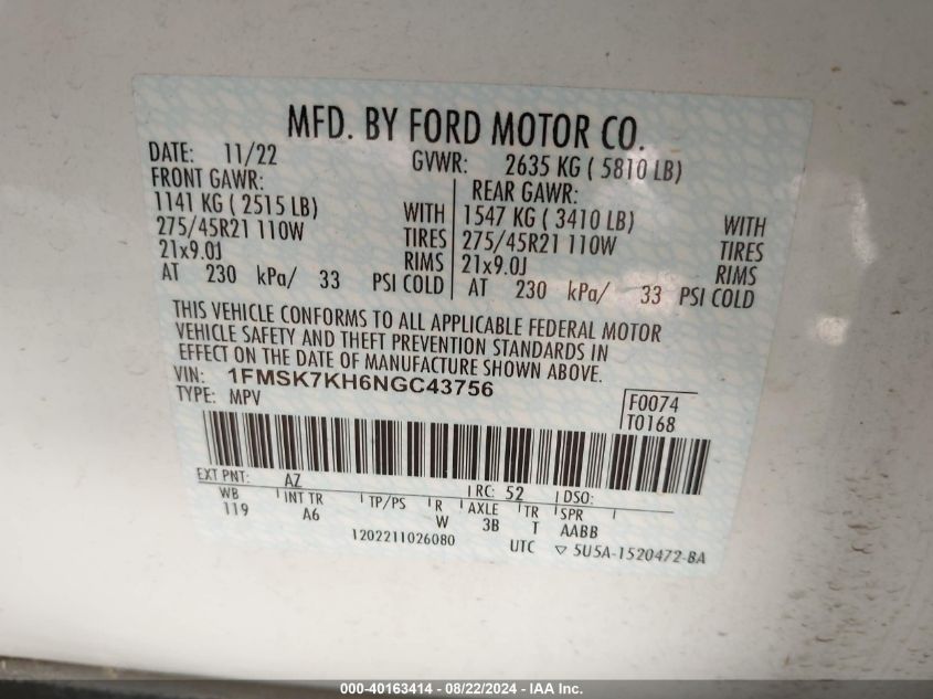 2022 Ford Explorer St-Line VIN: 1FMSK7KH6NGC43756 Lot: 40163414