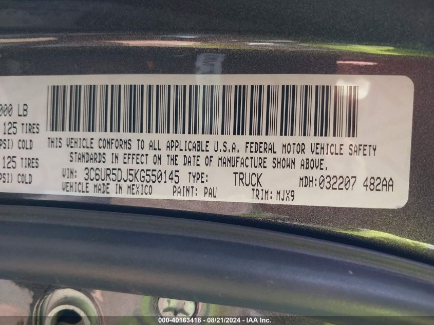 2019 Ram 2500 Big Horn VIN: 3C6UR5DJ5KG550145 Lot: 40163418