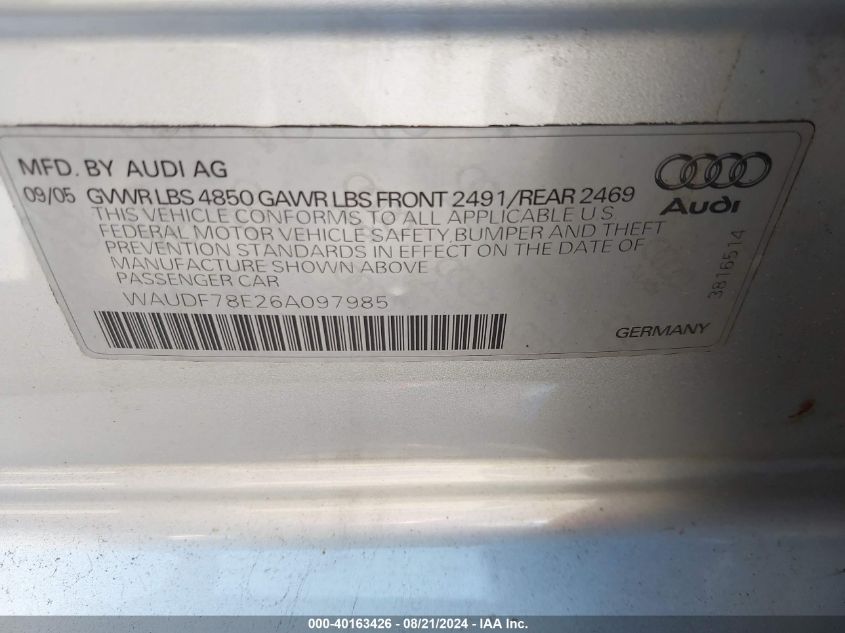 WAUDF78E26A097985 2006 Audi A4 2.0T