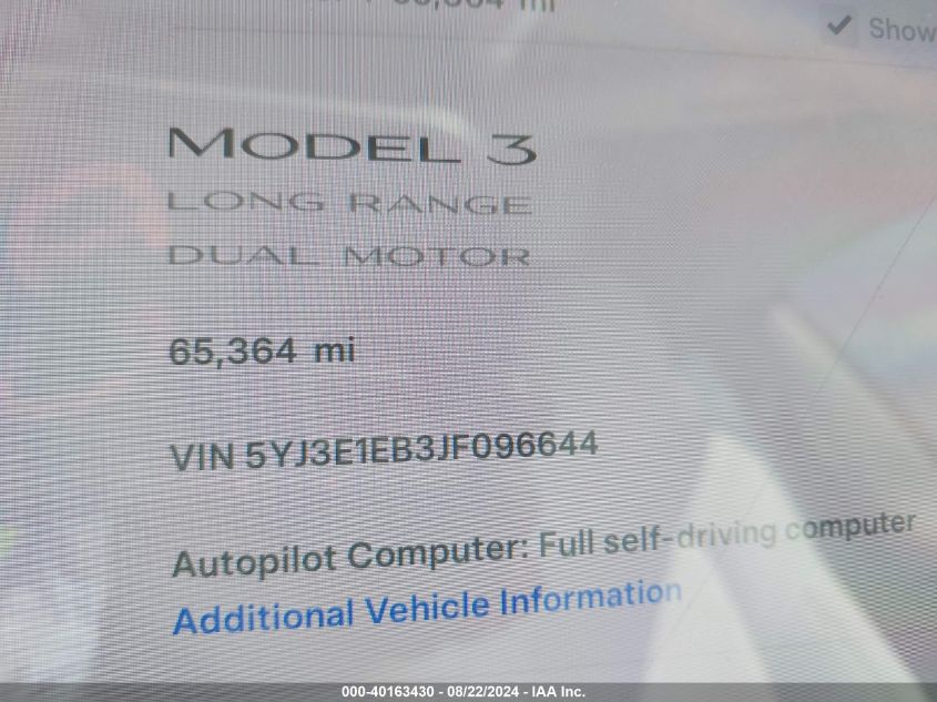 2018 Tesla Model 3 Long Range/Performance VIN: 5YJ3E1EB3JF096644 Lot: 40163430