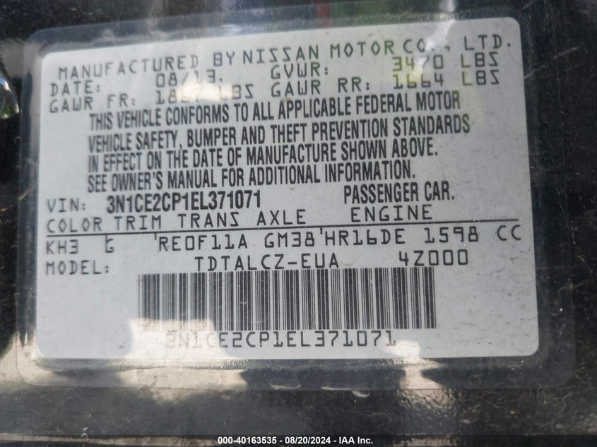 2014 Nissan Versa Note S Plus VIN: 3N1CE2CP1EL371071 Lot: 40163535