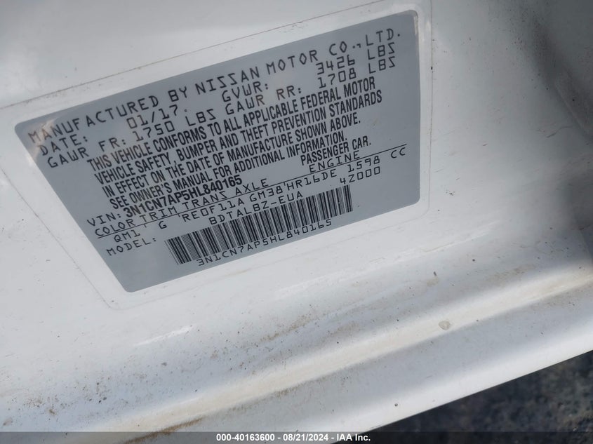 2017 Nissan Versa 1.6 Sv VIN: 3N1CN7AP5HL840165 Lot: 40163600