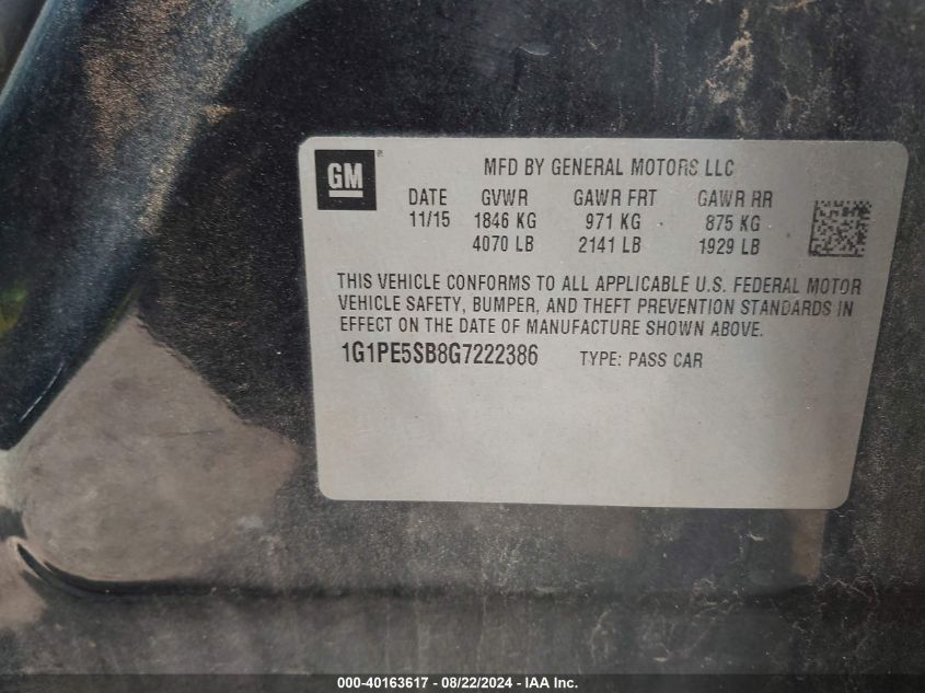 2016 Chevrolet Cruze Limited 1Lt Auto VIN: 1G1PE5SB8G7222386 Lot: 40163617
