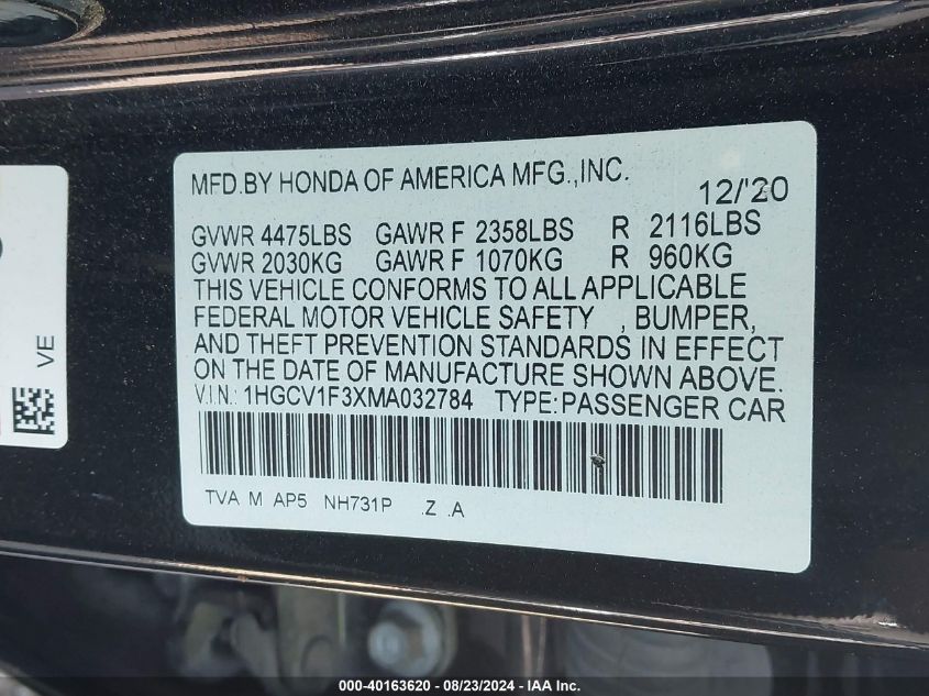 2021 Honda Accord Sport VIN: 1HGCV1F3XMA032784 Lot: 40163620