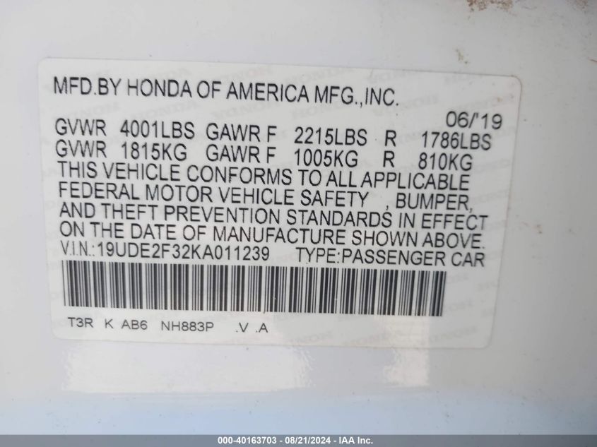 19UDE2F32KA011239 2019 Acura Ilx