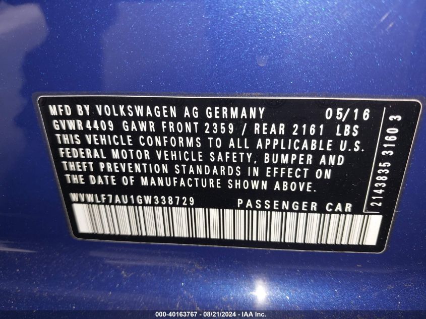 2016 Volkswagen Golf R 4-Door VIN: WVWLF7AU1GW338729 Lot: 40163767