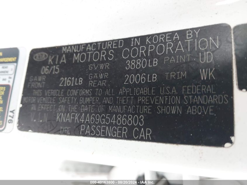 2016 Kia Forte Lx VIN: KNAFK4A69G5486803 Lot: 40163800