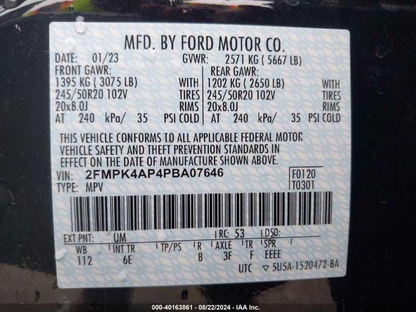 2023 Ford Edge St VIN: 2FMPK4AP4PBA07646 Lot: 40163861