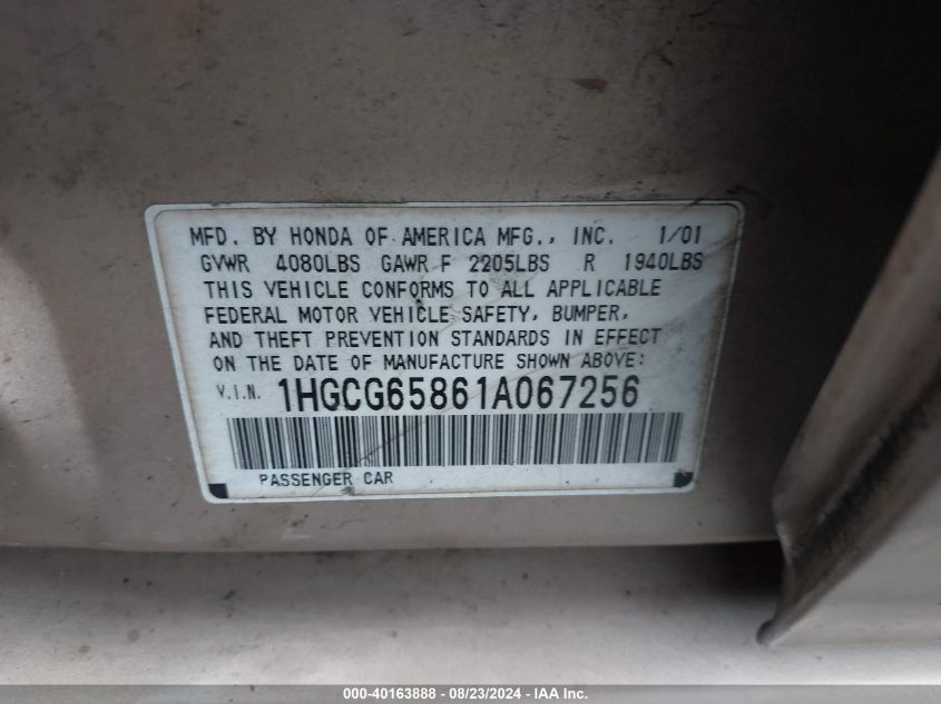 2001 Honda Accord 2.3 Ex VIN: 1HGCG65861A067256 Lot: 40163888