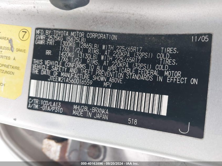 2006 Toyota Highlander Hybrid Limited V6 VIN: JTEEW21A560016559 Lot: 40163896