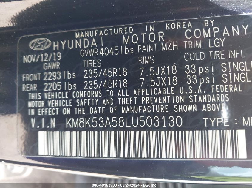 2020 Hyundai Kona Ultimate VIN: KM8K53A58LU503130 Lot: 40163900