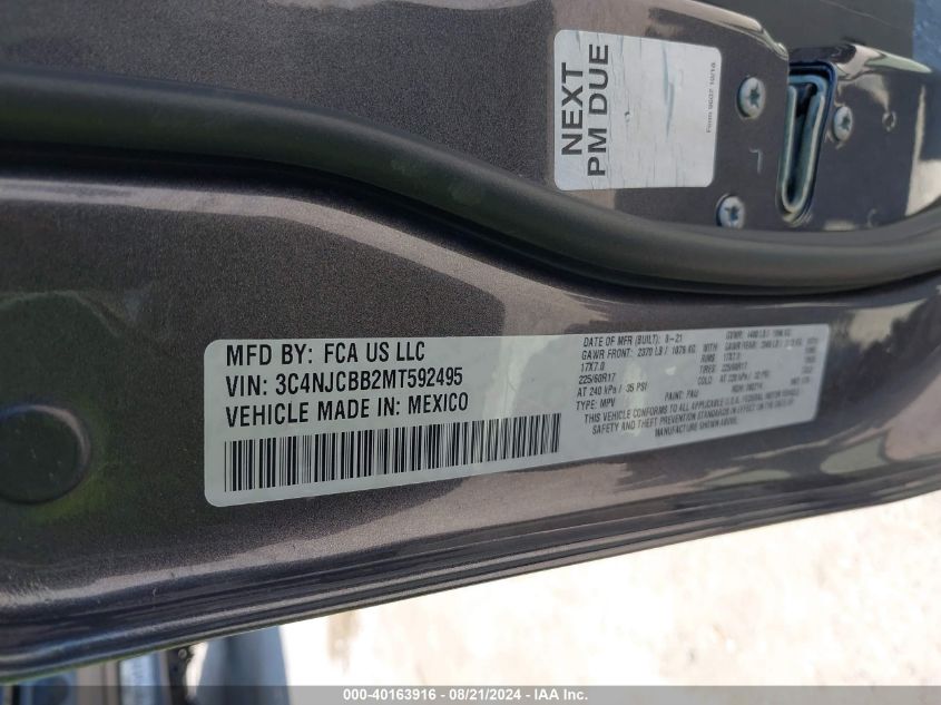 2021 Jeep Compass Latitude VIN: 3C4NJCBB2MT592495 Lot: 40163916