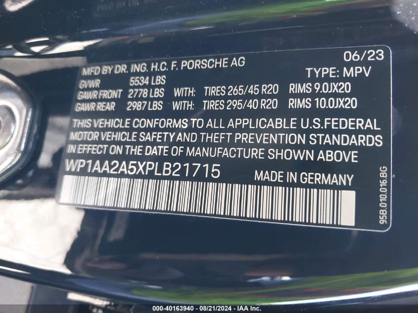 2023 Porsche Macan T VIN: WP1AA2A5XPLB21715 Lot: 40163940