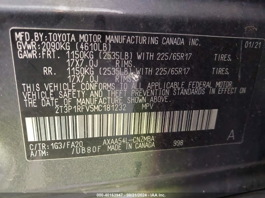 2021 Toyota Rav4 Xle/Xle Premium VIN: 2T3P1RFV5MC181232 Lot: 40163947