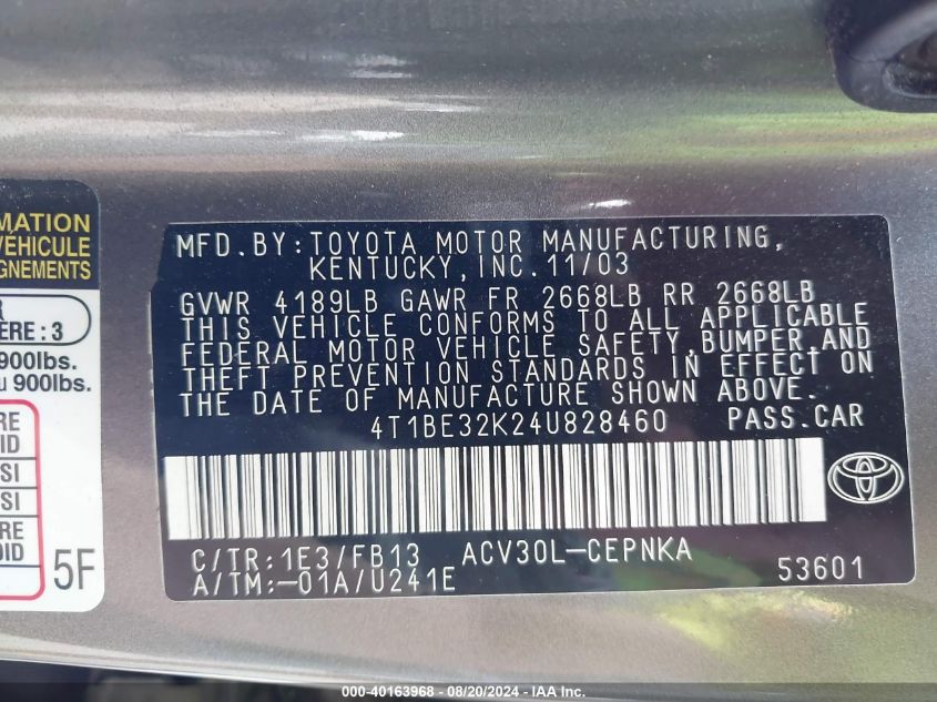 2004 Toyota Camry Le VIN: 4T1BE32K24U828460 Lot: 40163968