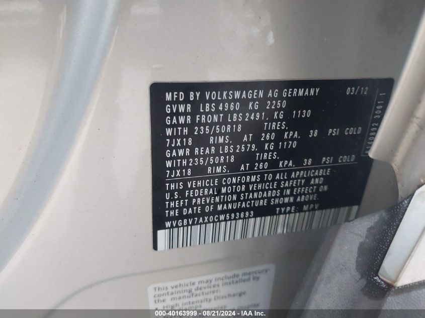 2012 Volkswagen Tiguan Se VIN: WVGBV7AX0CW593693 Lot: 40163999