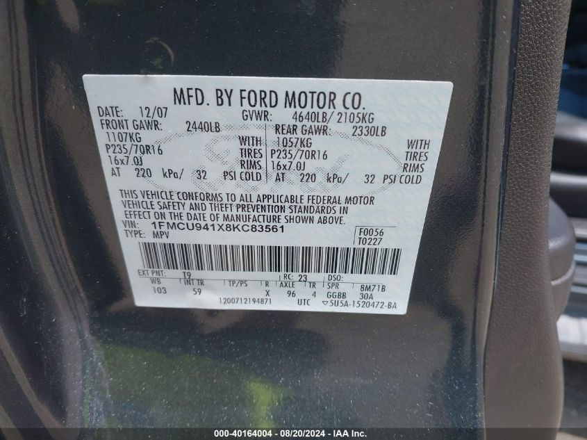 2008 Ford Escape Limited VIN: 1FMCU941X8KC83561 Lot: 40164004