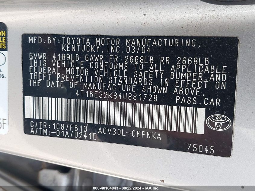 2004 Toyota Camry Le VIN: 4T1BE32K84U881728 Lot: 40164043