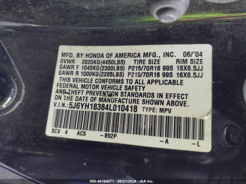 2004 Honda Element Lx VIN: 5J6YH18384L010418 Lot: 40164071
