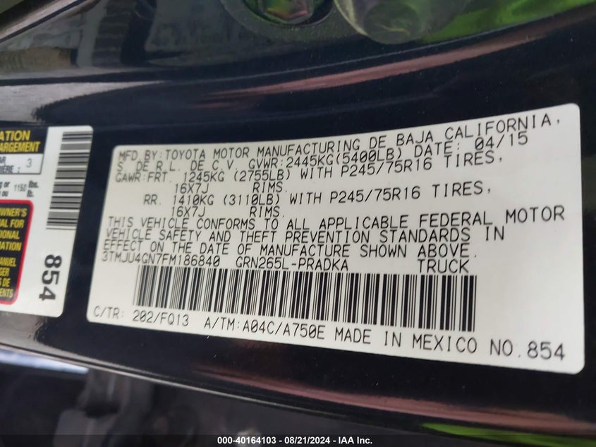 2015 TOYOTA TACOMA PRERUNNER V6 - 3TMJU4GN7FM186840