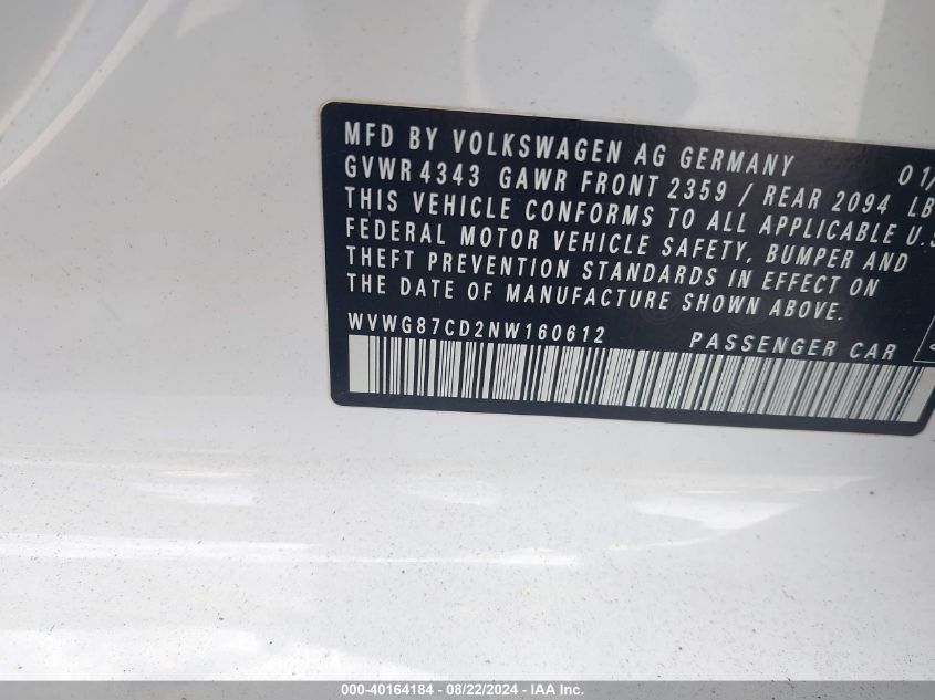 2022 Volkswagen Golf Gti 2.0T S VIN: WVWG87CD2NW160612 Lot: 40164184