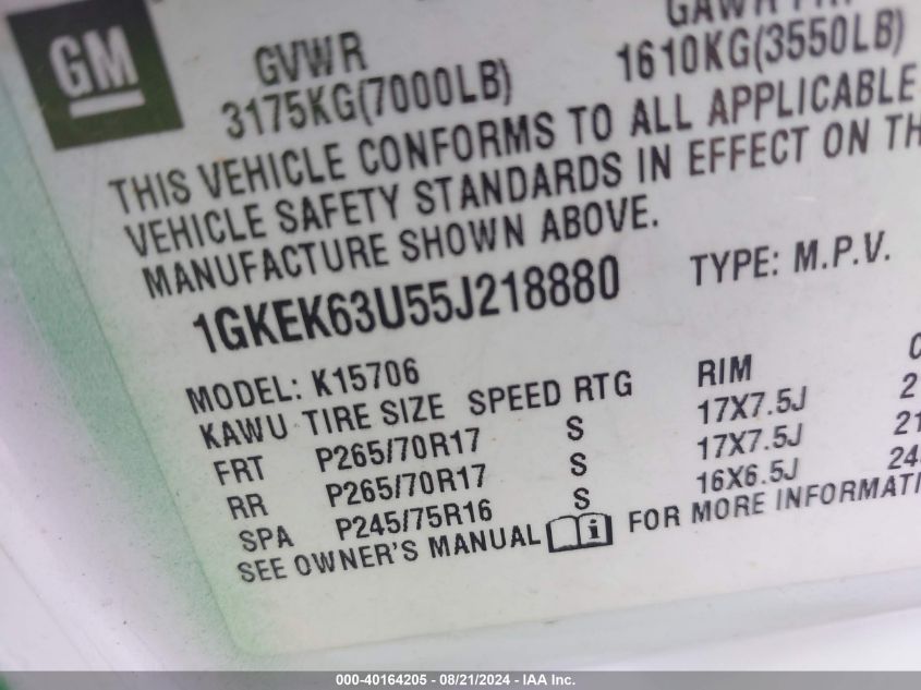 1GKEK63U55J218880 2005 GMC Yukon Denali