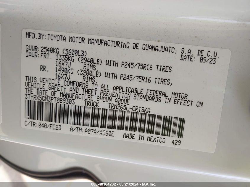 2023 Toyota Tacoma Access Cab/Sr/Sr5 VIN: 3TYRX5GN3PT089303 Lot: 40164232