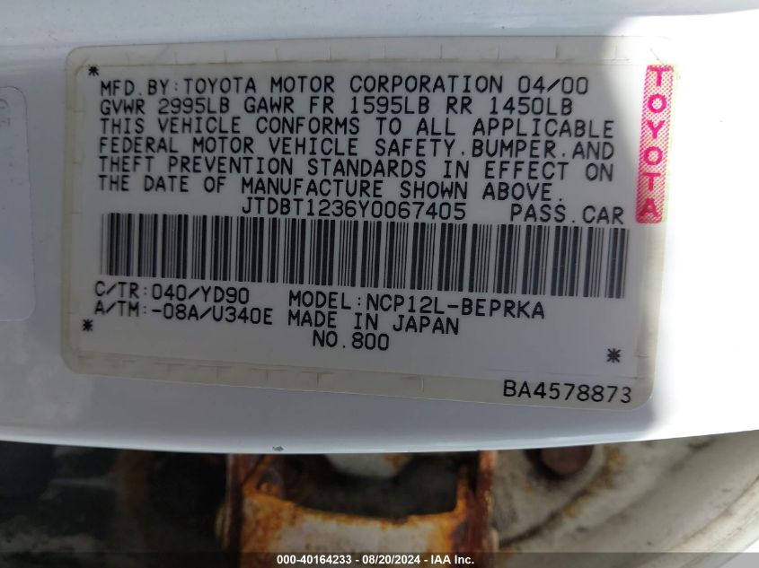 2000 Toyota Echo VIN: JTDBT1236Y0067405 Lot: 40164233