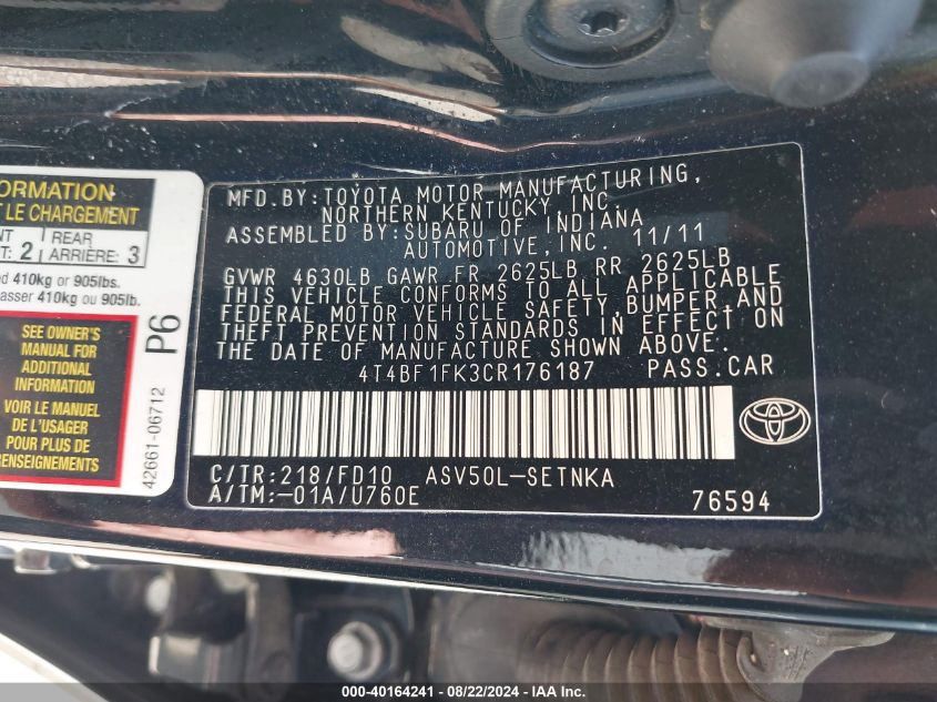 4T4BF1FK3CR176187 2012 Toyota Camry Le