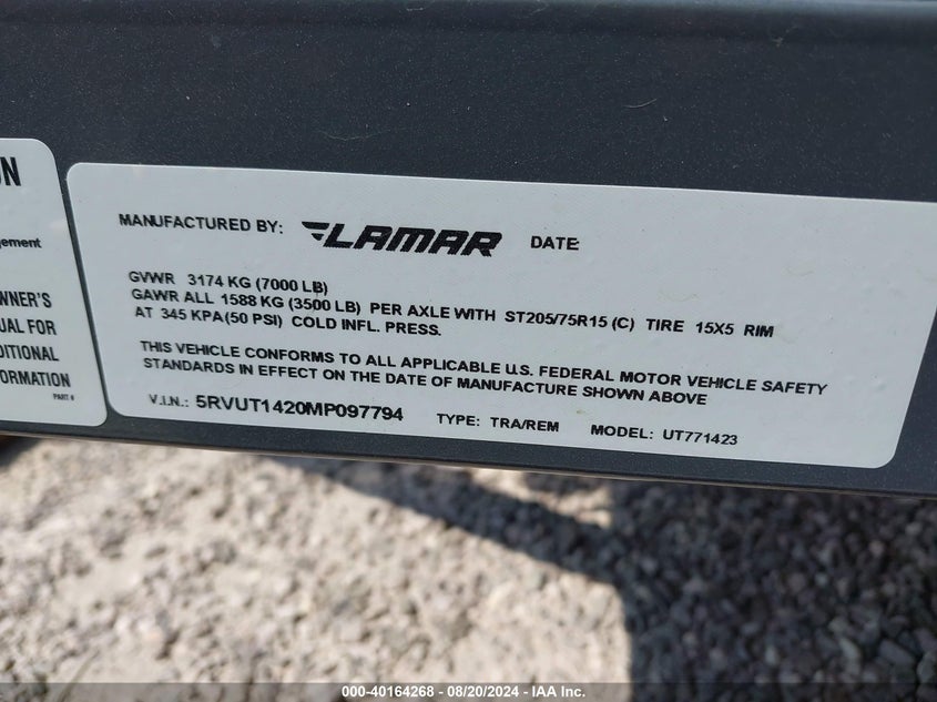 2021 LAMAR LAMAR TRAILERS(VIN: 5RVUT1420MP097794