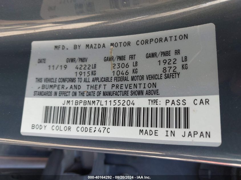 2020 Mazda Mazda3 Premium Package VIN: JM1BPBNM7L1155204 Lot: 40164292