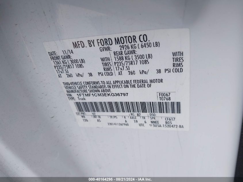 2014 Ford F150 VIN: 1FTMF1CM3EKG36797 Lot: 40164295